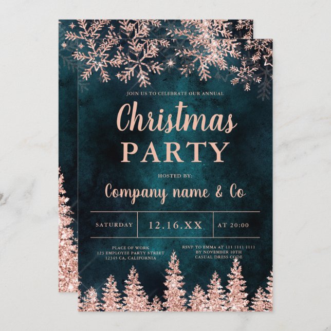 Rose gold snow pine green corporate Christmas Invitation (Front/Back)