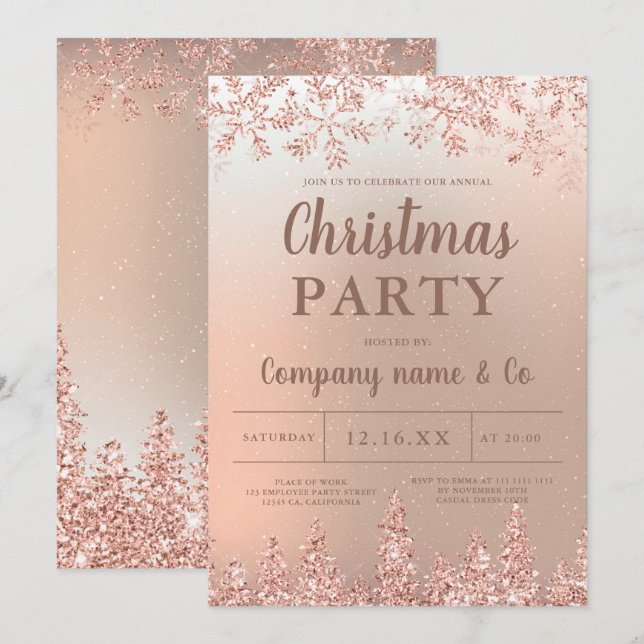 Rose gold snow pine metallic corporate Christmas Invitation (Front/Back)