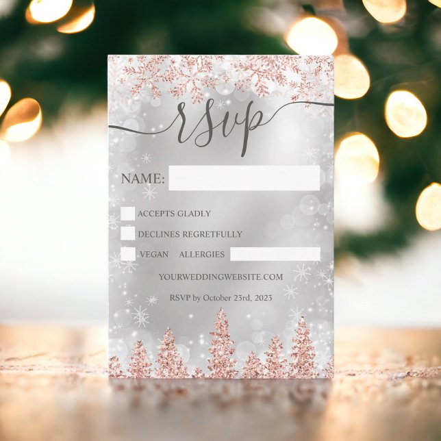 Rose gold snow pine navy Christmas winter rsvp Invitation (Rose gold snow pine navy Christmas winter rsvp Invitation)