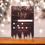 Rose gold snow pine red Christmas winter rsvp<br><div class="desc">Time to celebrate your winter wonderland wedding theme with this luxury rose gold glitter snowflakes sparkles and rose gold glitter pine tree forest on an elegant festive red burgundy watercolor background,  featuring a modern cool script font typography. Perfect rsvp card for your winter wonderland wedding.</div>