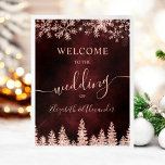 Rose gold snow pine red Christmas winter wedding Poster<br><div class="desc">Welcome guests to your winter wedding with this elegant sign featuring faux rose gold glitter shimmering snowflakes and a forest of frosted pine trees. Set against a deep red burgundy background, the design exudes a magical winter wonderland ambiance. Perfect for a Christmas or winter wedding, this sign sets the tone...</div>