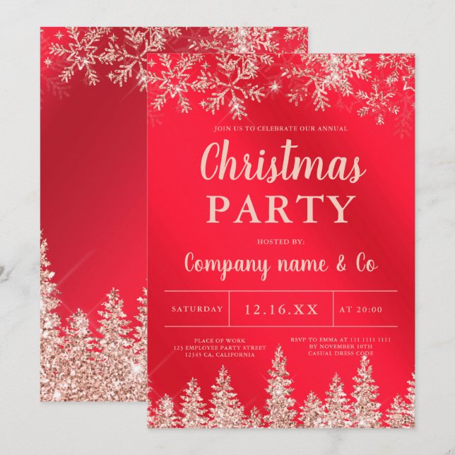 Rose gold snow red metallic corporate Christmas Invitation (Front/Back)