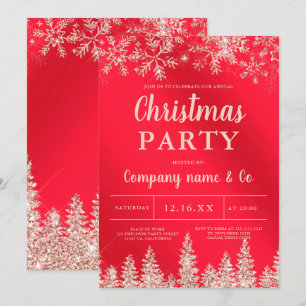 Rose gold snow red metallic corporate Christmas Invitation