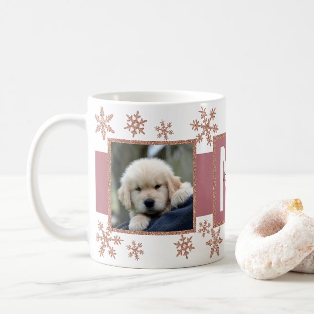 Rose Gold Snowflake 2 Photo Monogram Christmas Coffee Mug (With Donut)