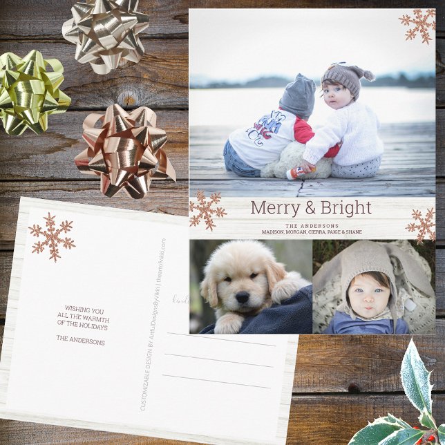 Rose Gold Snowflake 3 Photo Collage Holiday Postcard (Personalize these 3 photo Christmas postcards with your name, pictures and custom holiday greeting.)