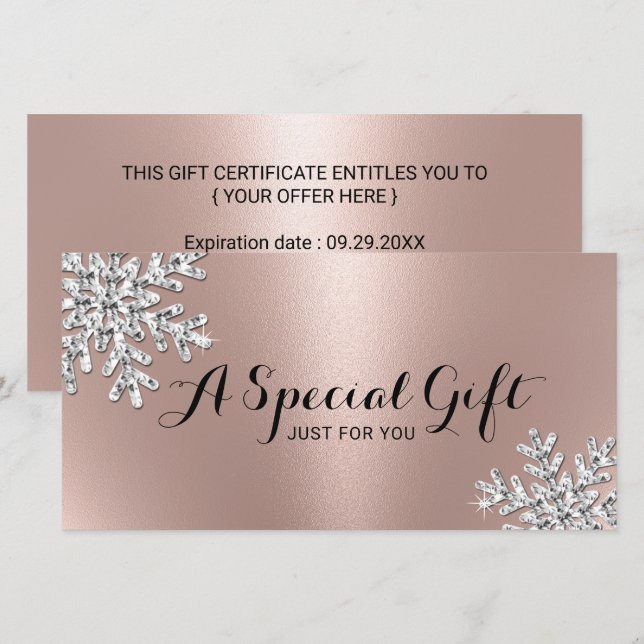 Rose Gold Snowflake Beauty Salon Gift Certificates (Front/Back)