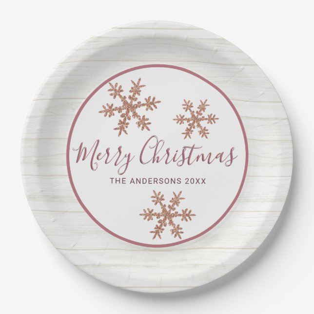 Rose Gold Snowflake Chic Holiday Elegant Party Paper Plate (Front)