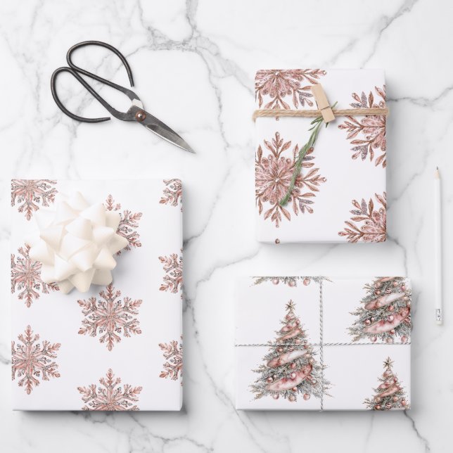 Rose Gold Snowflake Christmas Trees Wrapping Paper Sheet (Front)