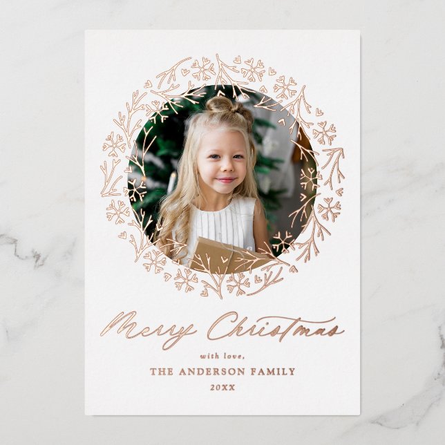 Rose Gold Snowflake Christmas Wreath Photo Foil Holiday Card (Front)