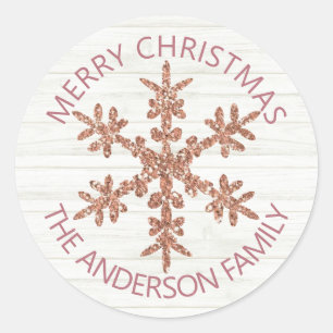 Rose Gold Snowflake Faux Glitter Modern Stylish Classic Round Sticker