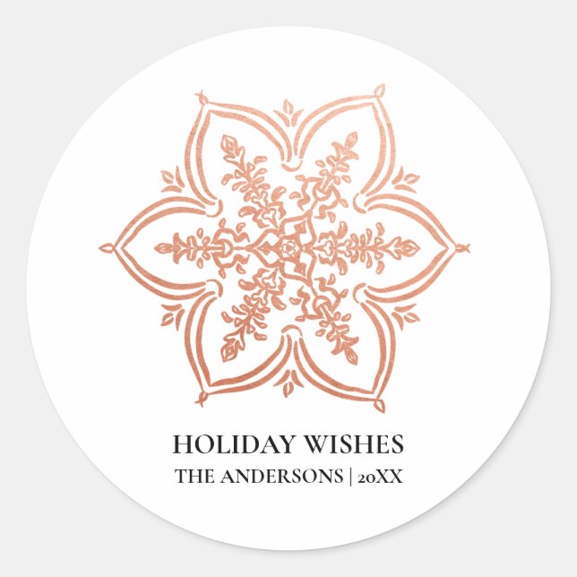 Rose Gold Snowflake Holiday Wishes Classic Round Sticker (Front)