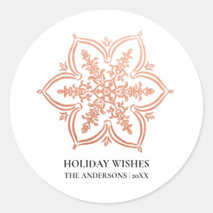 Rose Gold Snowflake Holiday Wishes Classic Round Sticker