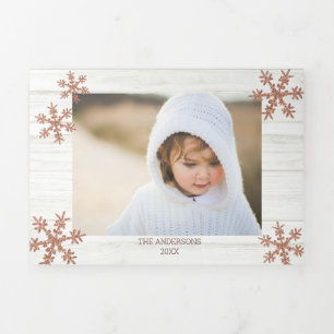 Rose Gold Snowflake Rustic Christmas 5 Photo Tri-Fold Holiday Card