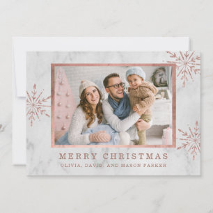 Rose Gold Snowflakes and Marble   Photo Holiday Card
