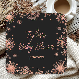 Rose Gold Snowflakes Baby Shower Square Paper Coaster