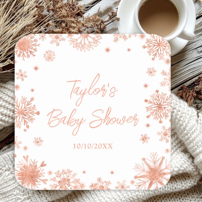Rose Gold Snowflakes Baby Shower Square Paper Coaster (Creator Uploaded)