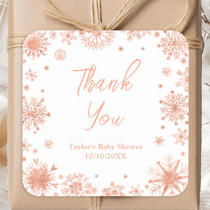 Rose Gold Snowflakes Baby Shower Thank You Square Sticker