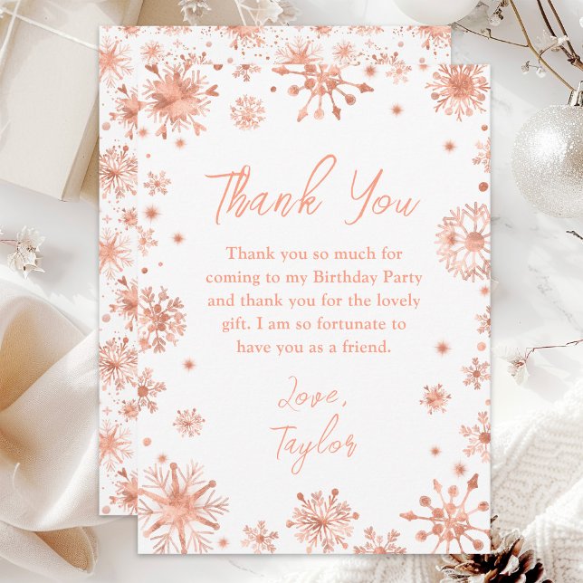 Rose Gold Snowflakes Birthday Party Thank You Card (Creator Uploaded)