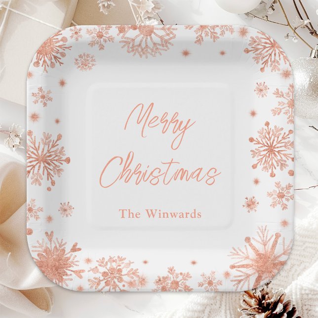 Rose Gold Snowflakes Christmas Party Paper Plate (Creator Uploaded)