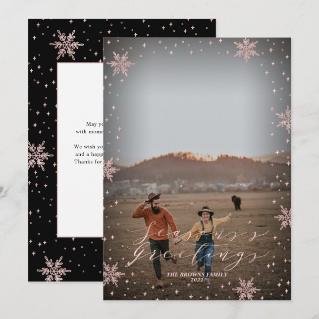 Rose Gold Snowflakes Holiday Photo Greeting Card (Front/Back)