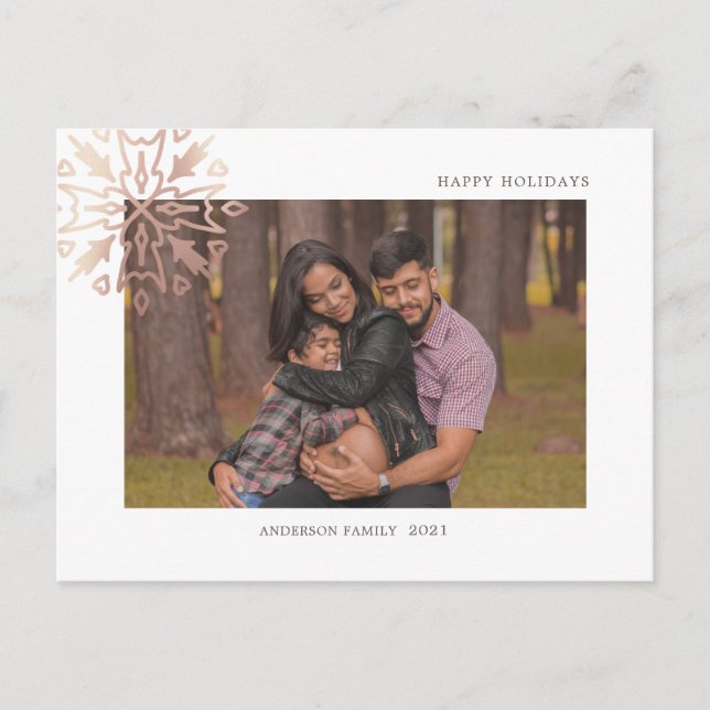 rose gold snowflakes holiday photo postcard (Front)