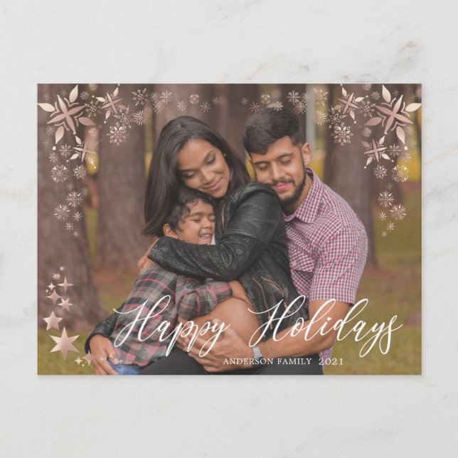 rose gold snowflakes holiday photo postcard (Front)