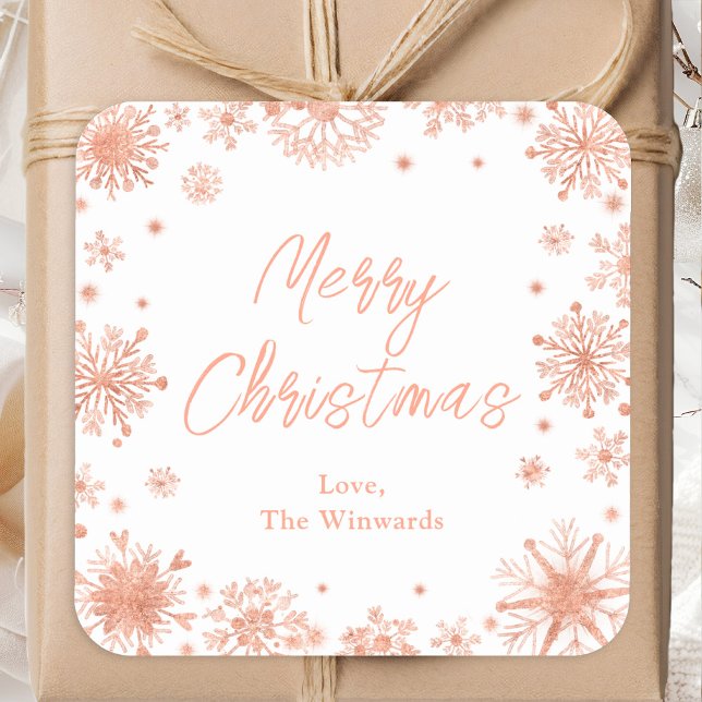 Rose Gold Snowflakes Merry Christmas Square Sticker (Creator Uploaded)