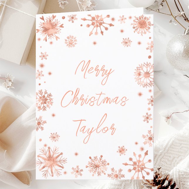 Rose Gold Snowflakes Merry Christmas with Name Holiday Card (Creator Uploaded)