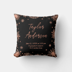Rose Gold Snowflakes on Black Birth Stats Cushion