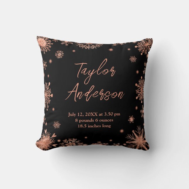 Rose Gold Snowflakes on Black Birth Stats Cushion (Front)