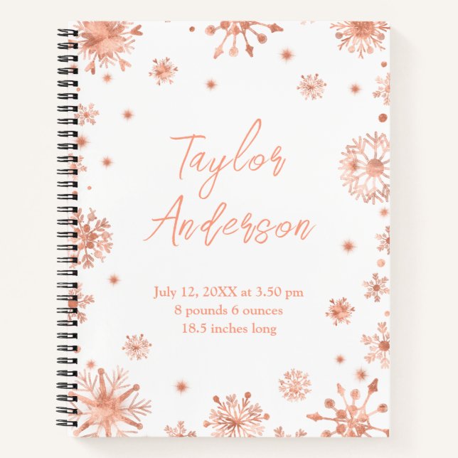 Rose Gold Snowflakes on White Birth Stats Notebook (Front)