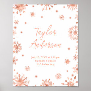Rose Gold Snowflakes on White Birth Stats Poster