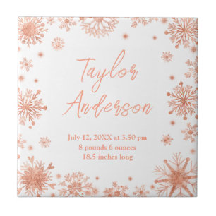 Rose Gold Snowflakes on White Birth Stats Tile