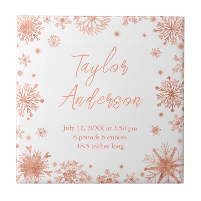 Rose Gold Snowflakes on White Birth Stats Tile (Front)