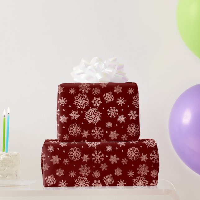 Rose Gold Snowflakes on Winterberry Red Xmas Gift Wrapping Paper (Party Gifts)