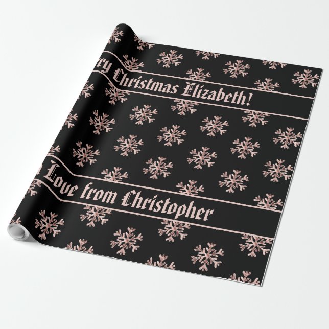 Rose Gold Snowflakes Pattern Christmas Black Wrapping Paper (Unrolled)