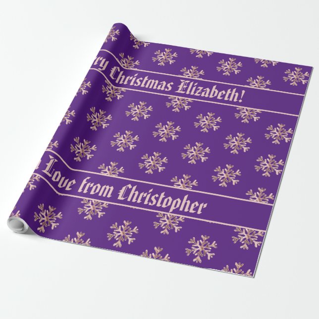 Rose Gold Snowflakes Pattern Christmas Purple Wrapping Paper (Unrolled)
