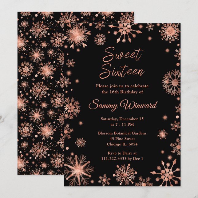 Rose Gold Snowflakes Sweet Sixteen Invitation (Front/Back)