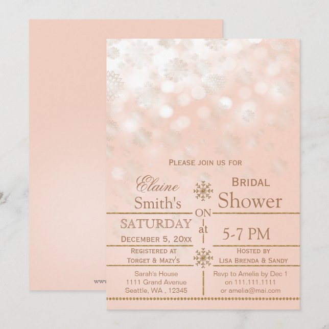 Rose Gold snowflakes Winter Bridal shower Invite (Front/Back)