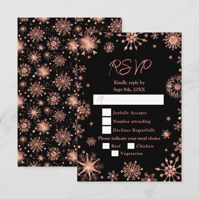 Rose Gold Snowflakes Winter Meal Choice RSVP Card (Front/Back)