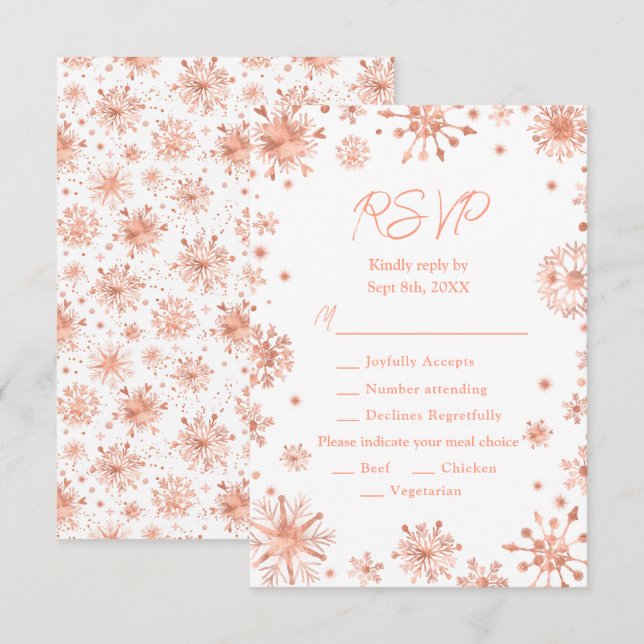 Rose Gold Snowflakes Winter Meal Choice RSVP Card (Front/Back)