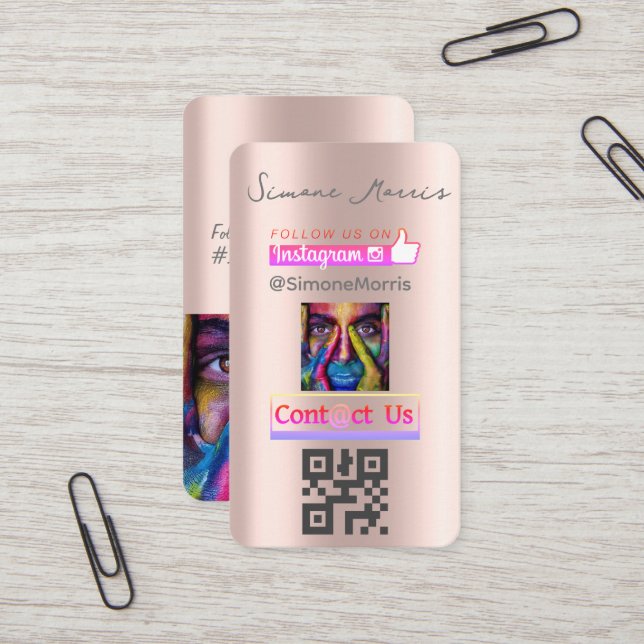 Rose Gold Social Media QR Code -Photographs  Business Card (Front/Back In Situ)
