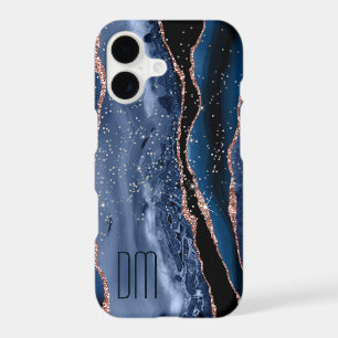 Rose Gold Sparkle Blue Abstract Monogram