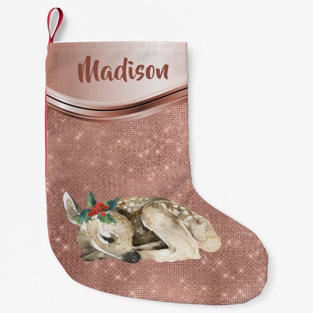 Rose Gold Sparkle Deer Fawn Personalised Small Christmas Stocking (Front)