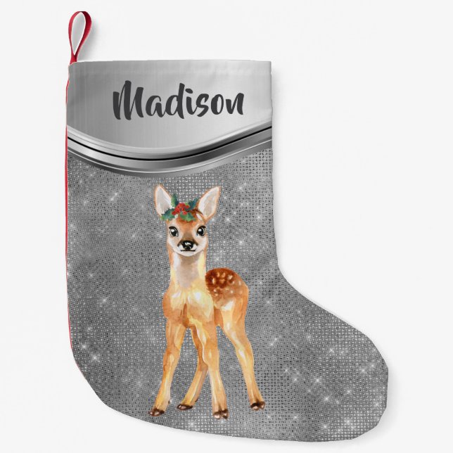 Rose Gold Sparkle Deer Fawn Personalised Small Christmas Stocking (Front)