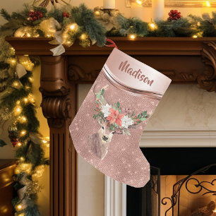 Rose Gold Sparkle Deer Pretty Personalised Small Christmas Stocking