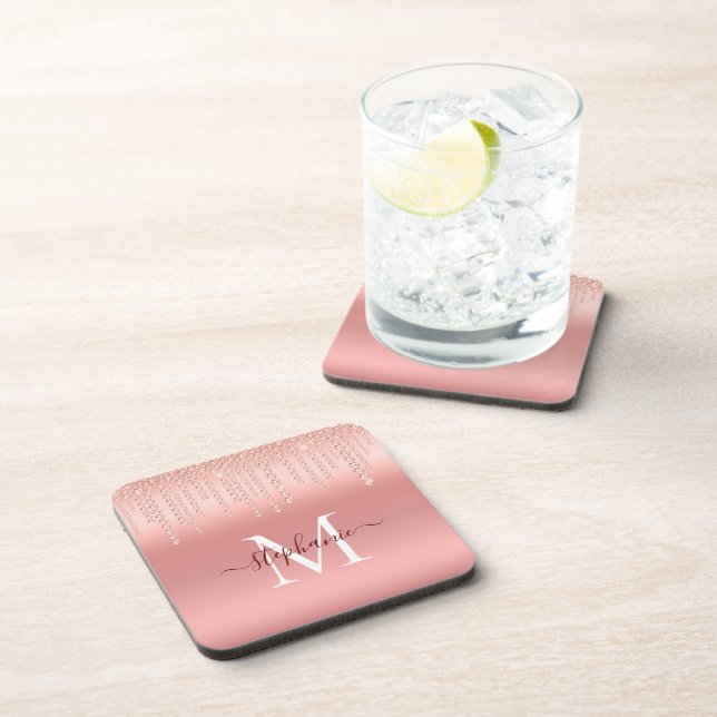 Rose Gold Sparkle Diamond Monogram Script Coaster (Right Side)