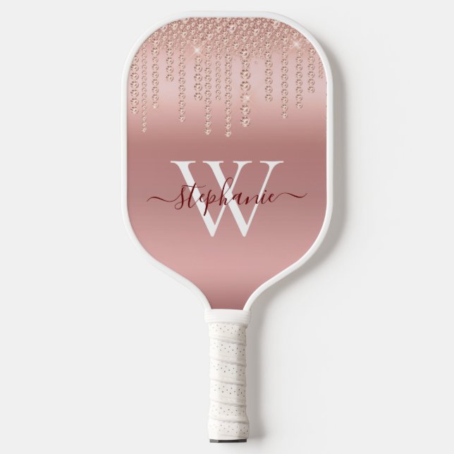 Rose Gold Sparkle Diamond Monogram Script Pickleball Paddle (Front)