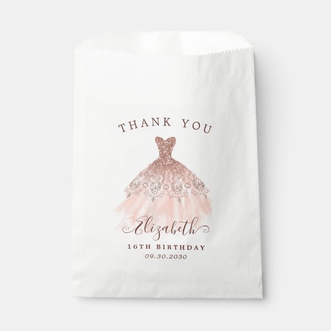 Rose Gold Sparkle Dress 16th Birthday Thank You Favour Bags (Front)