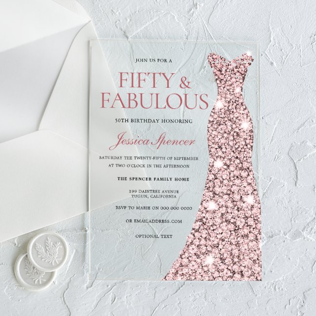 Rose Gold Sparkle Dress 50th Birthday Invite Acrylic Invitations (Creator Uploaded)
